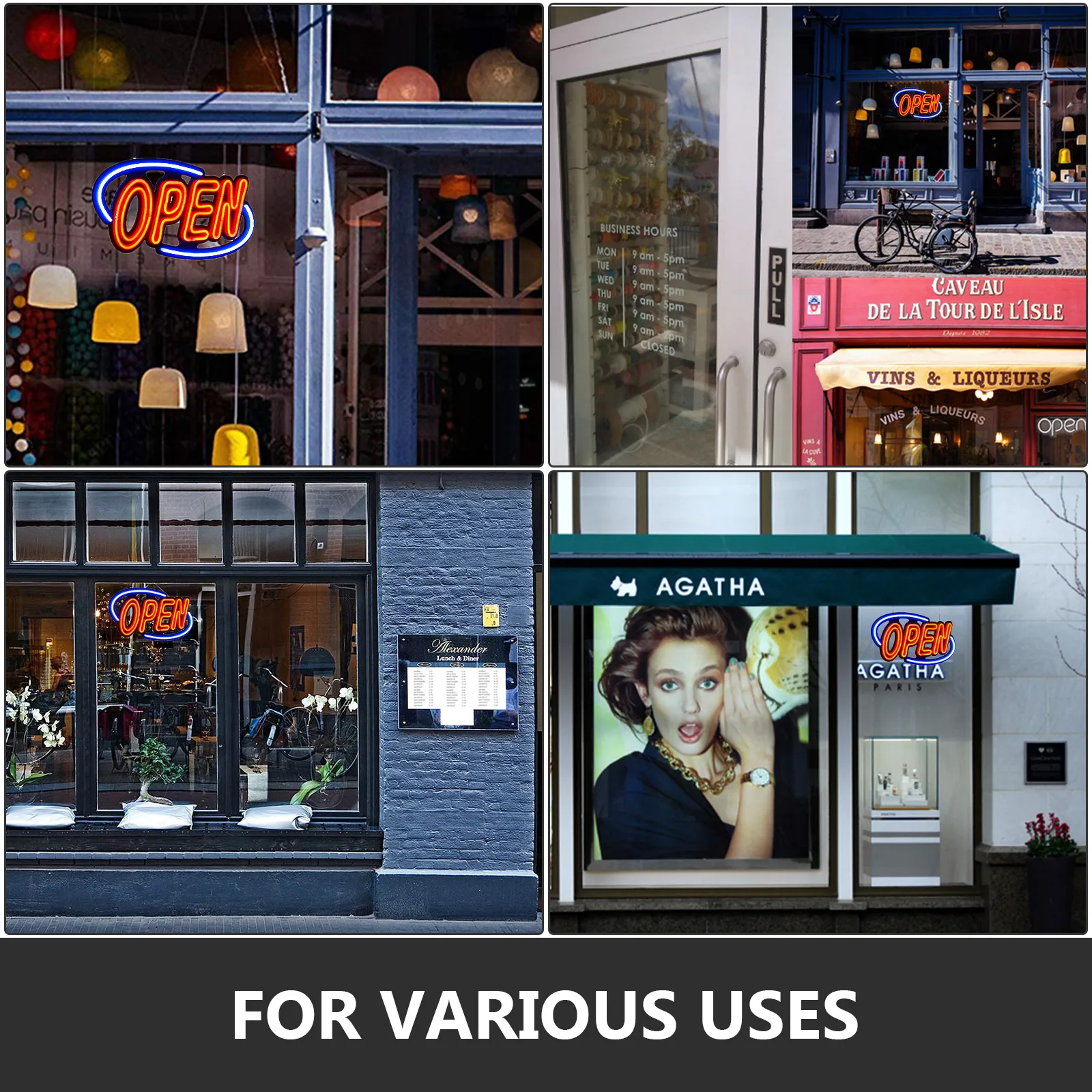 Letrero de neón abierto VEVOR exhibido en varias tiendas.