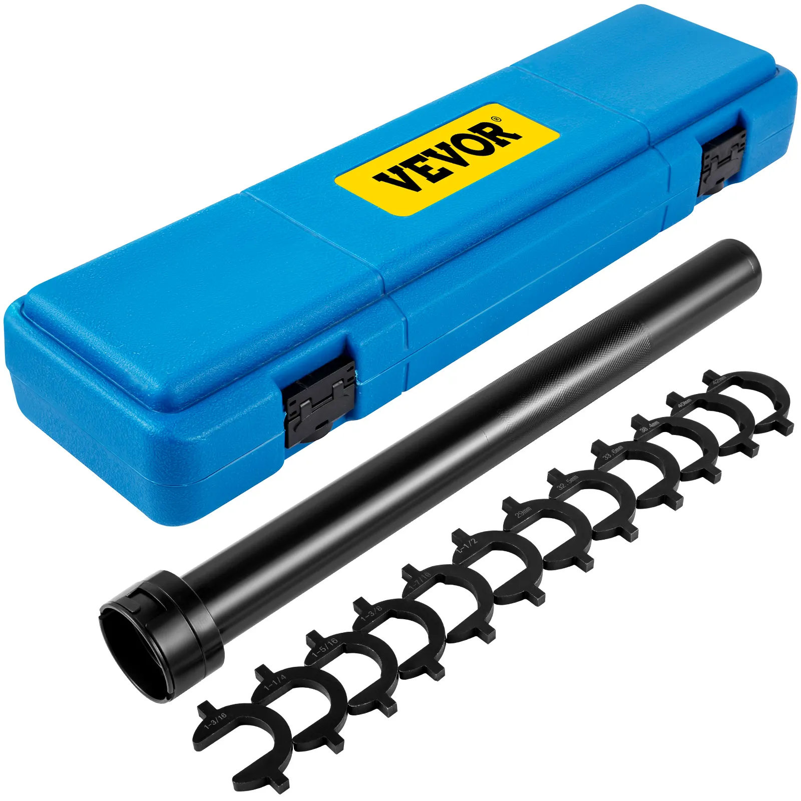 VEVOR inner tie rod tool kit with blue case and various adapters.