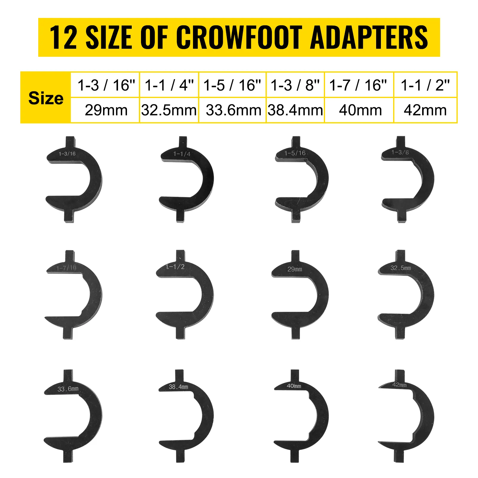 12 size VEVOR inner tie rod tool kit crowfoot adapters with measurement labels.