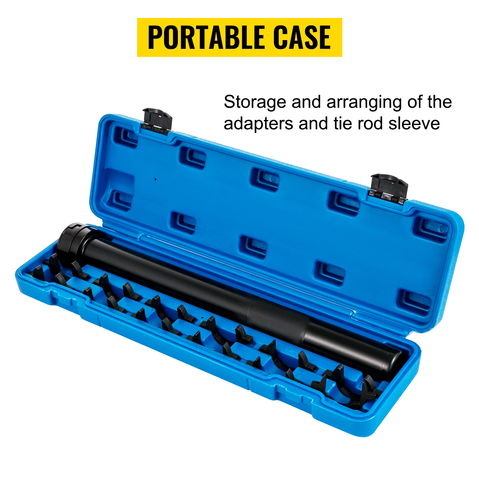 VEVOR inner tie rod tool kit in open blue portable case with adapters and tie rod sleeve.