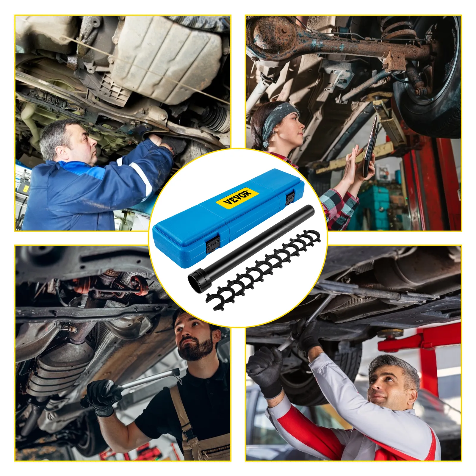 mechanics using VEVOR inner tie rod tool kit for vehicle maintenance.