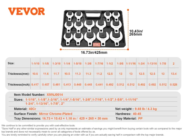 VEVOR crowfoot wrench set with 14 sizes in a black carrying case, detailed specs and dimensions shown.