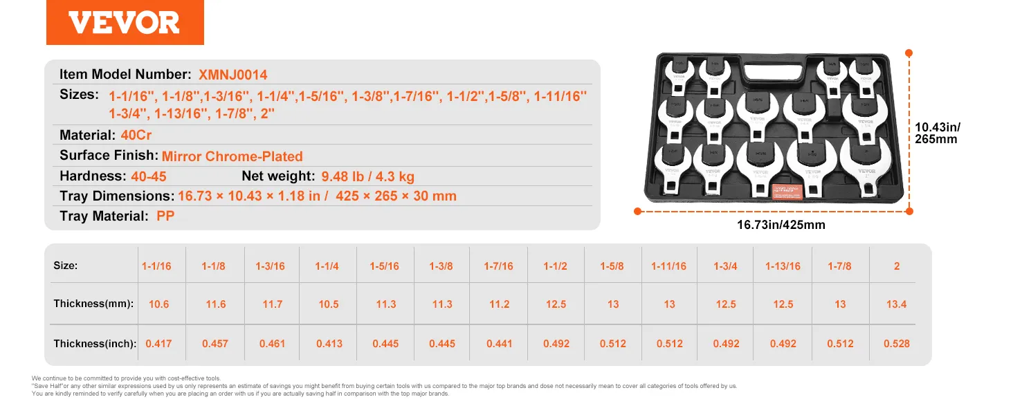 VEVOR crowfoot wrench set with 14 sizes in a black carrying case, detailed specs and dimensions shown.