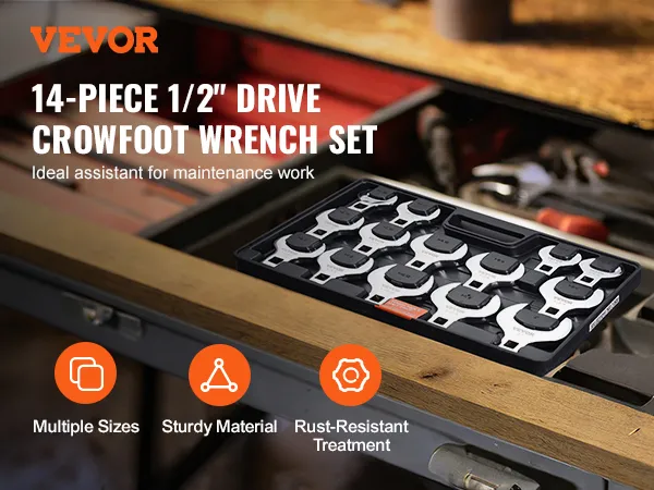 VEVOR 14-piece 1/2" drive crowfoot wrench set in case on a workbench with icons for multiple sizes and durability.