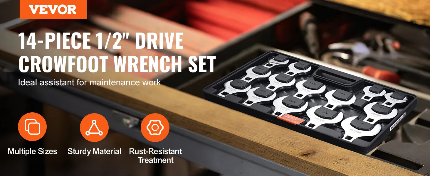 VEVOR 14-piece 1/2" drive crowfoot wrench set in case on a workbench with icons for multiple sizes and durability.