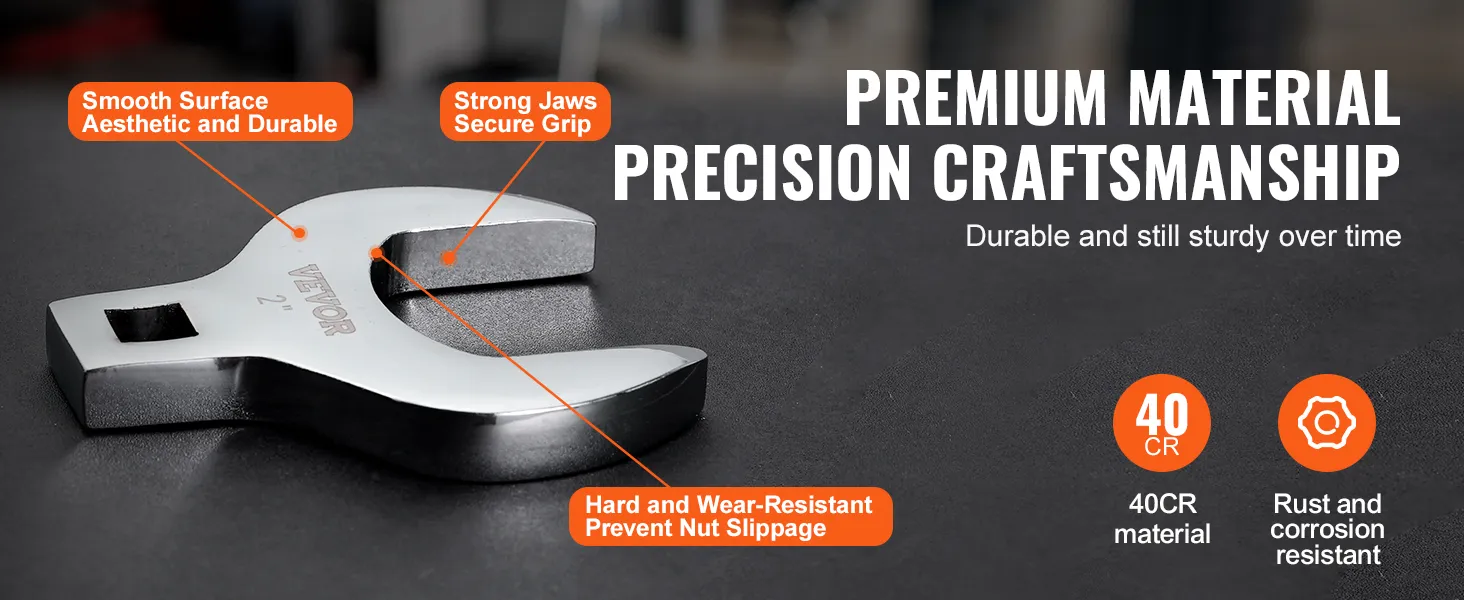 VEVOR crowfoot wrench set with smooth surface, strong jaws, and 40cr material, rust-resistant quality.