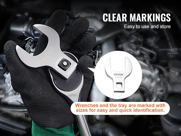 gloved hand holding a VEVOR crowfoot wrench with clear size markings, text overlay highlights easy use.