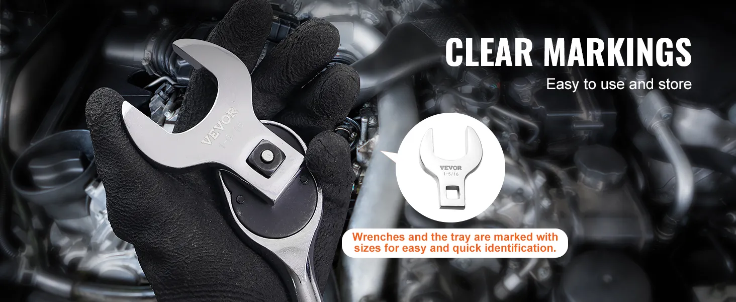 gloved hand holding a VEVOR crowfoot wrench with clear size markings, text overlay highlights easy use.