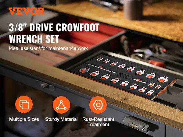 VEVOR crowfoot wrench set on a workbench, ideal for maintenance with multiple sizes and sturdy material.