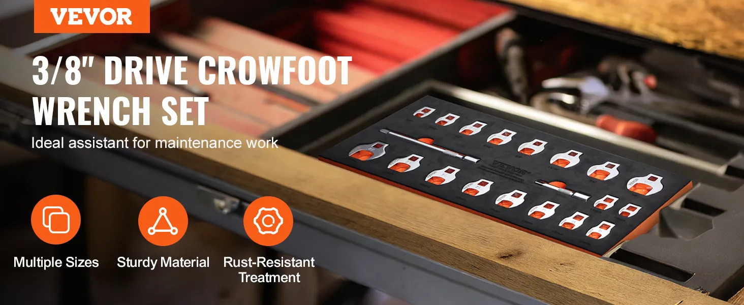 VEVOR crowfoot wrench set on a workbench, ideal for maintenance with multiple sizes and sturdy material.