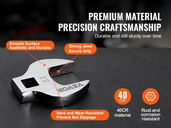 VEVOR crowfoot wrench set with 40cr material, smooth surface, strong jaws, and rust resistance.