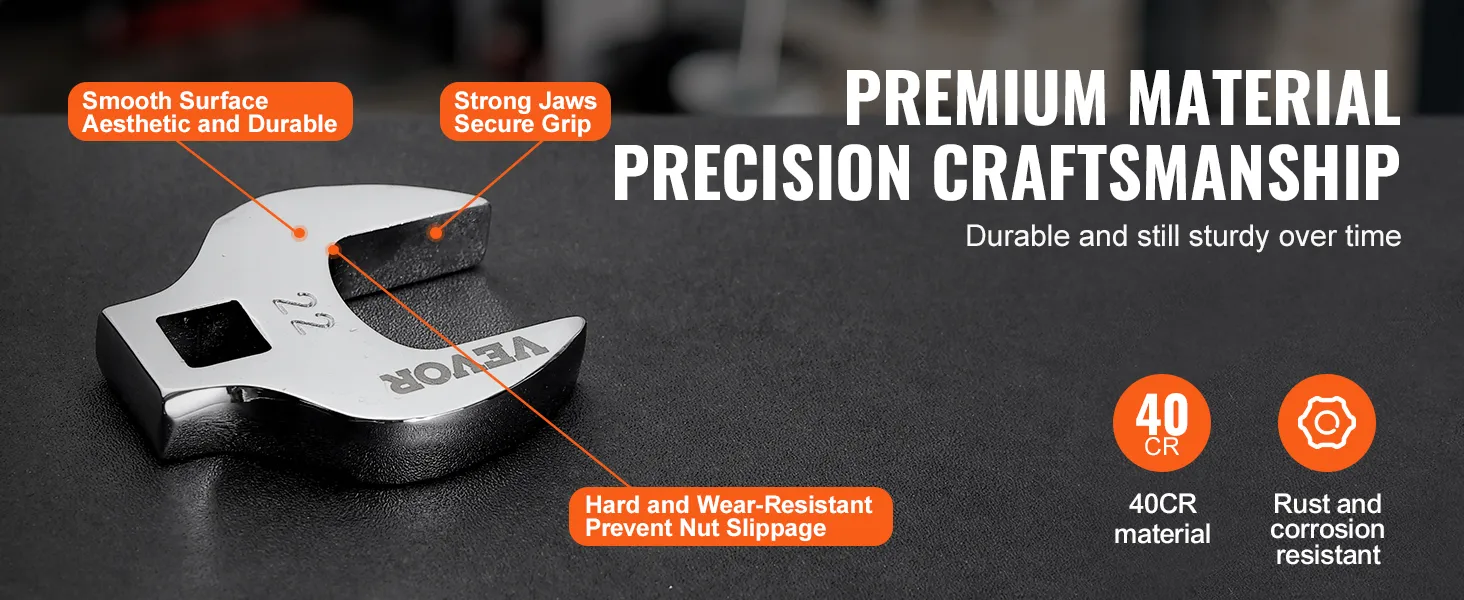VEVOR crowfoot wrench set with 40cr material, smooth surface, strong jaws, and rust resistance.