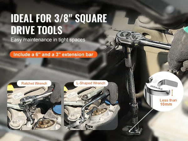 VEVOR crowfoot wrench set for 3/8" drive tools, includes ratchet, l-shaped wrench, and extension bars.