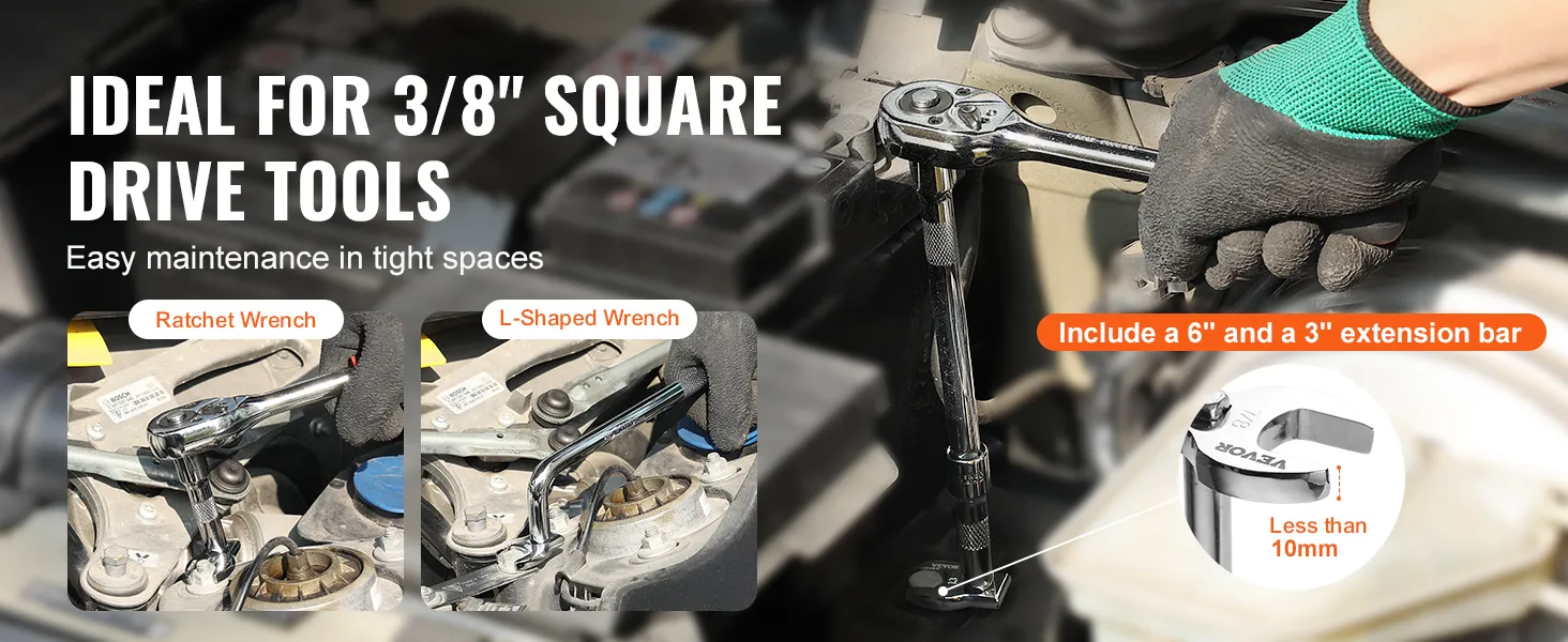 VEVOR crowfoot wrench set for 3/8" drive tools, includes ratchet, l-shaped wrench, and extension bars.
