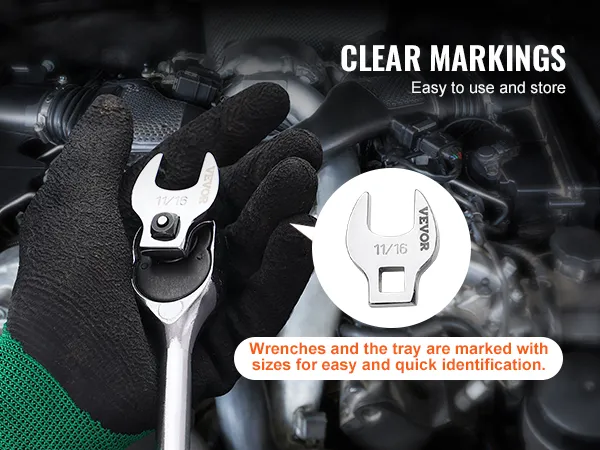 VEVOR crowfoot wrench set with clear markings for easy identification in a mechanical setting.
