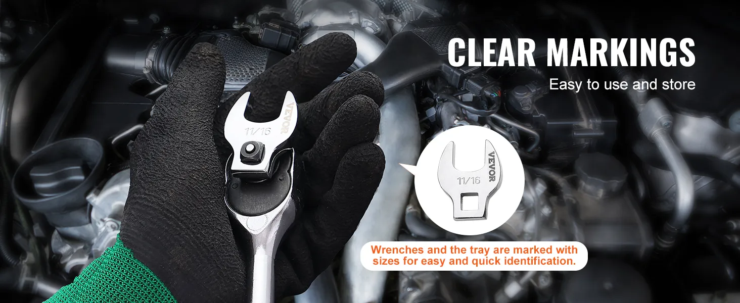 VEVOR crowfoot wrench set with clear markings for easy identification in a mechanical setting.