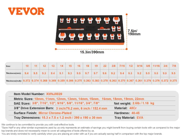 VEVOR crowfoot wrench set with 10mm to 22mm and sae sizes in eva tray, mirror chrome-plated finish.