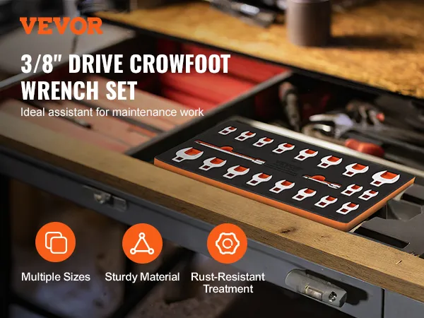 VEVOR crowfoot wrench set on workbench, multiple sizes, sturdy material, rust-resistant treatment.