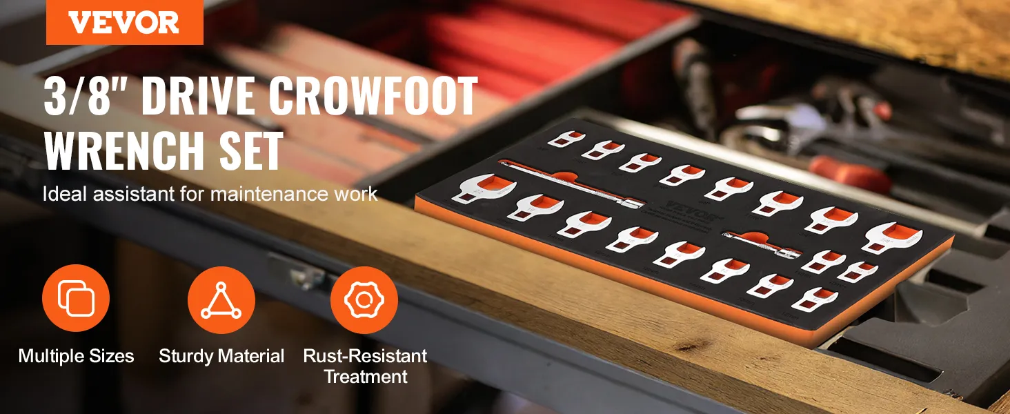 VEVOR crowfoot wrench set on workbench, multiple sizes, sturdy material, rust-resistant treatment.