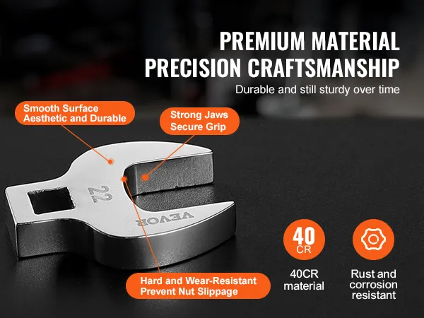 VEVOR crowfoot wrench set: smooth surface, strong jaws, hard and wear-resistant, 40cr material, rust-resistant.