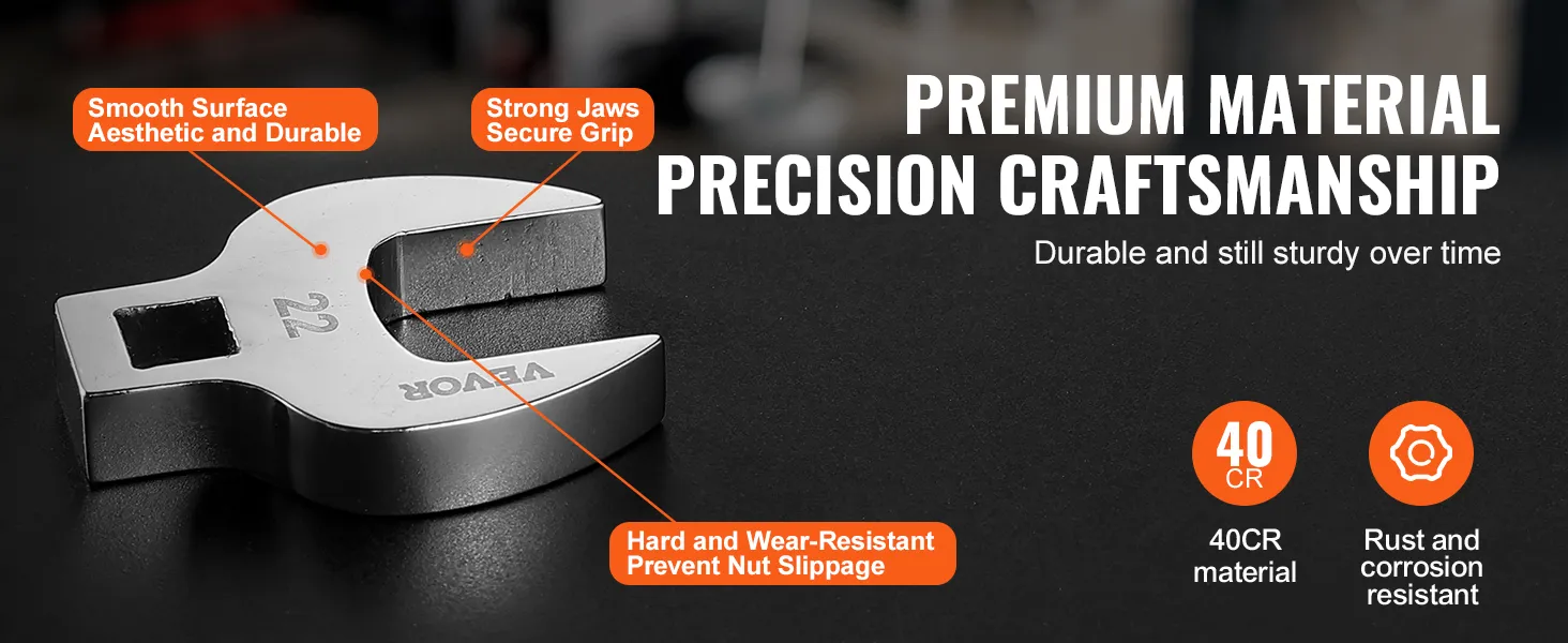 VEVOR crowfoot wrench set: smooth surface, strong jaws, hard and wear-resistant, 40cr material, rust-resistant.