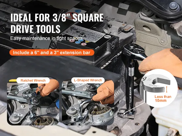 mechanic using VEVOR crowfoot wrench set for easy maintenance with 3/8" drive tools and extension bars.