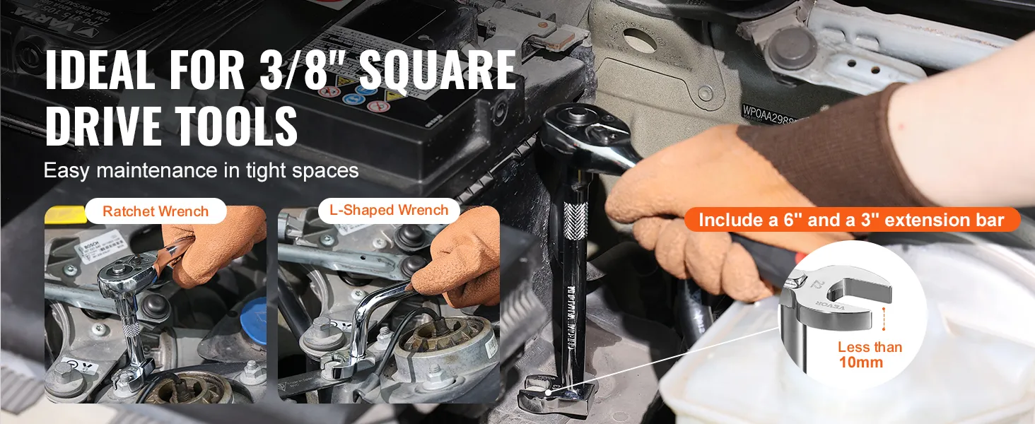 mechanic using VEVOR crowfoot wrench set for easy maintenance with 3/8" drive tools and extension bars.