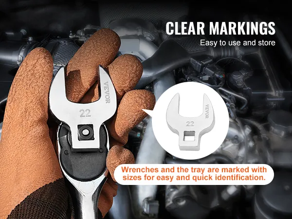 gloved hand holding VEVOR crowfoot wrench with clear markings, highlighting easy use and storage.