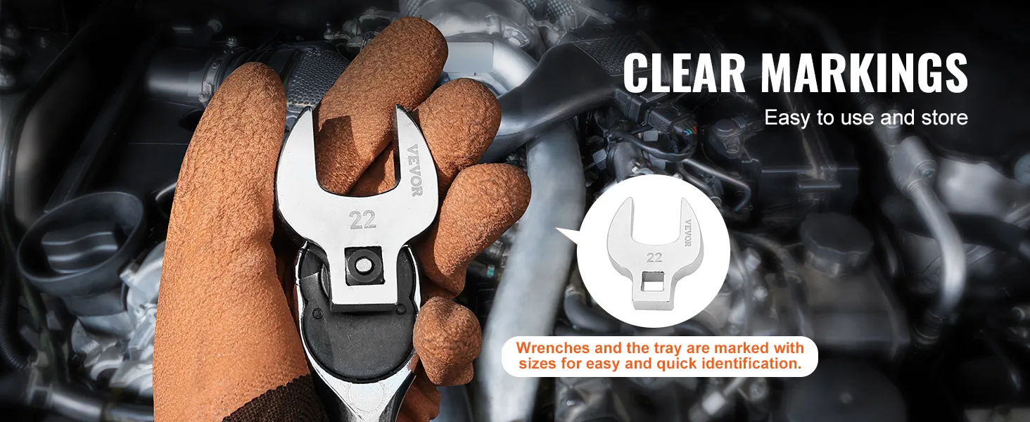 gloved hand holding VEVOR crowfoot wrench with clear markings, highlighting easy use and storage.