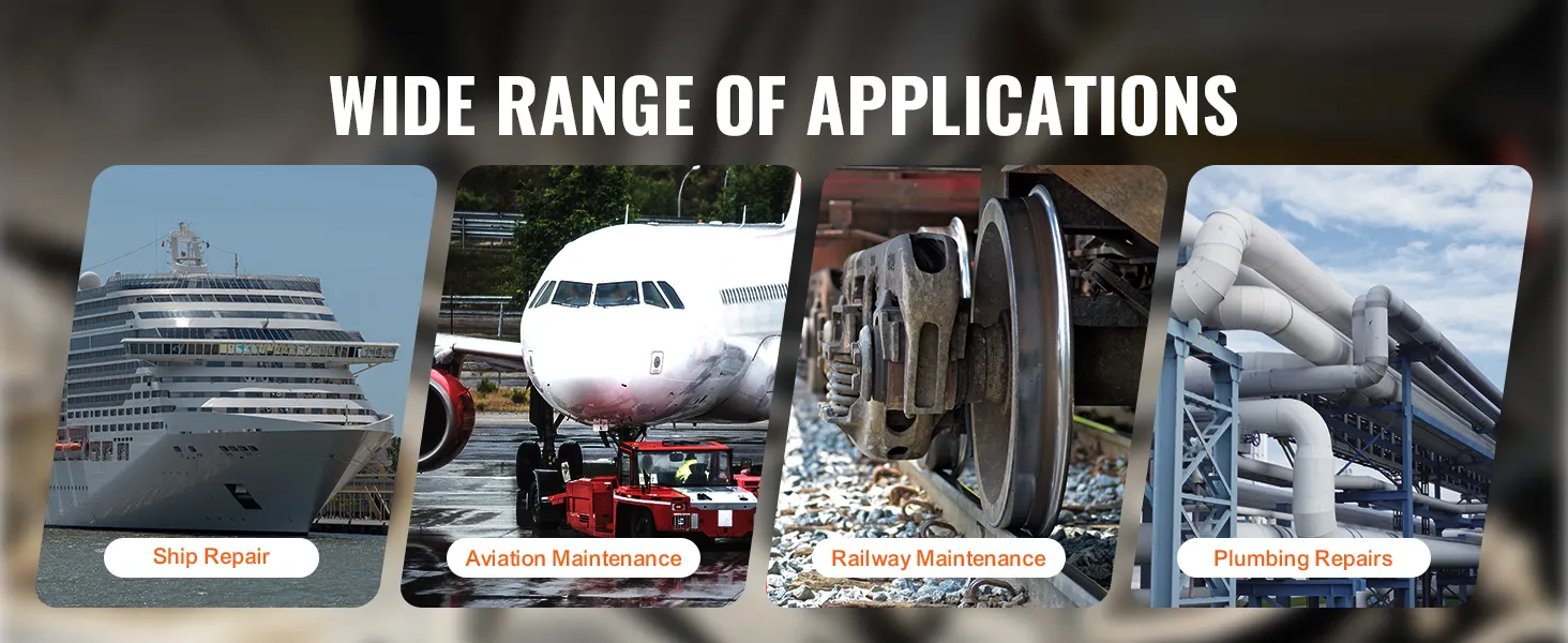 wide range of VEVOR crowfoot wrench set applications: ship repair, aviation, railway, and plumbing.