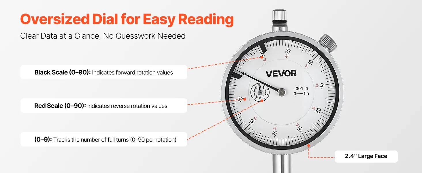 VEVOR Dial Test Indicator with Magnetic Flexible Base Stand, 0.001 inch Accuracy, 0-1 inch Range, Fine Adjustable Long Arm, Professional for Machine Set-Up, Narrow Area Measurement, Easy to Read