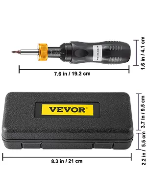 Cacciavite dinamometrico VEVOR con custodia che mostra le dimensioni del prodotto.