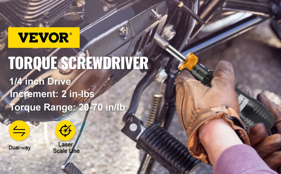 VEVOR torque screwdriver in use on a motorcycle; 1/4 inch drive, dual-way, laser scale.