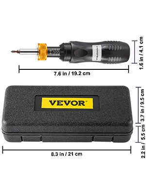 VEVOR torque screwdriver with black handle and storage case, dimensions included.