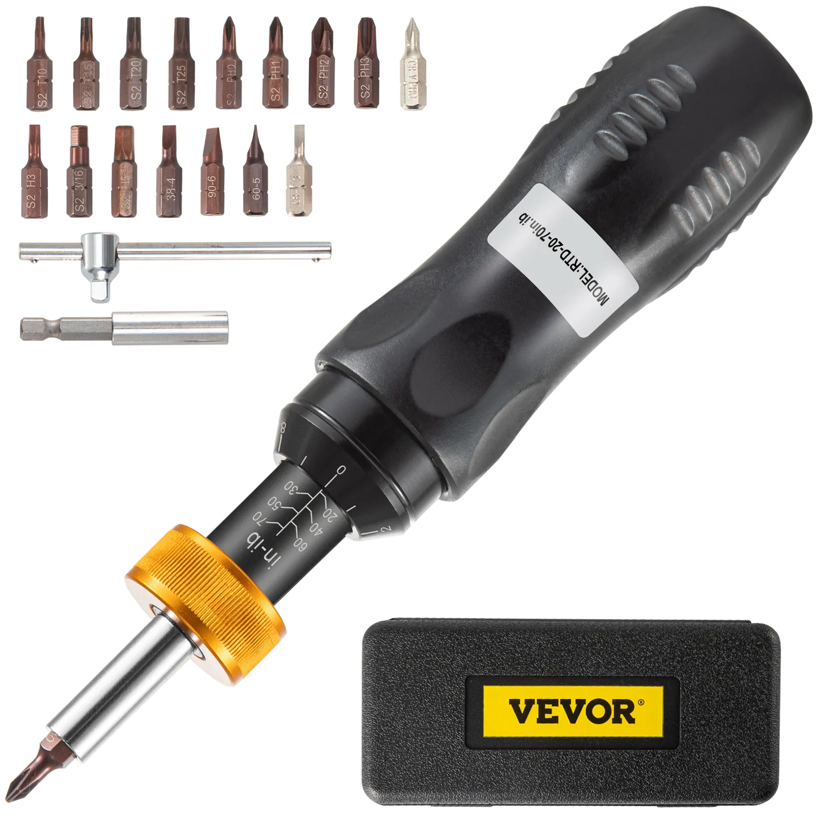 VEVOR torque screwdriver with multiple bits and storage case.