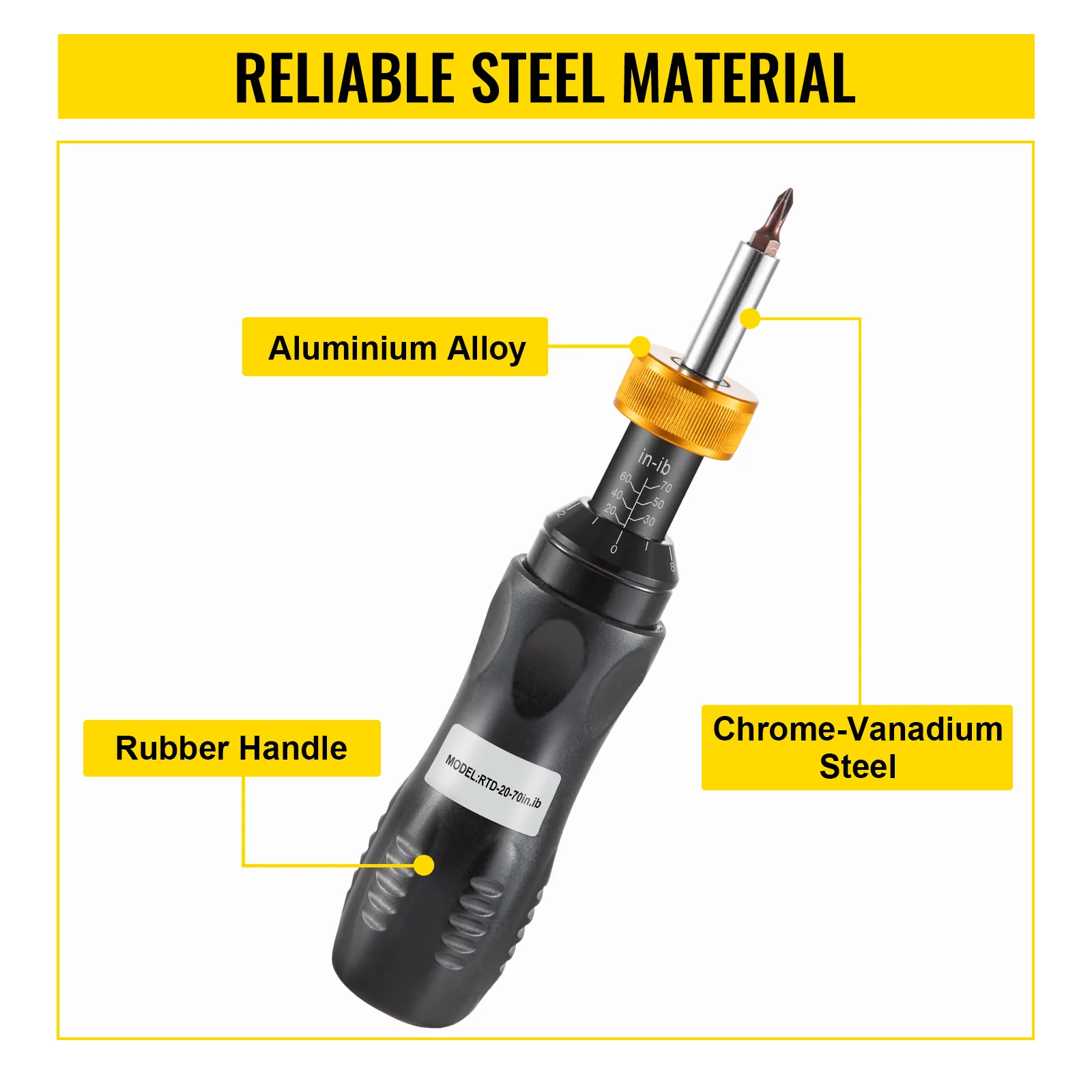 VEVOR torque screwdriver with rubber handle, aluminum alloy, chrome-vanadium steel.