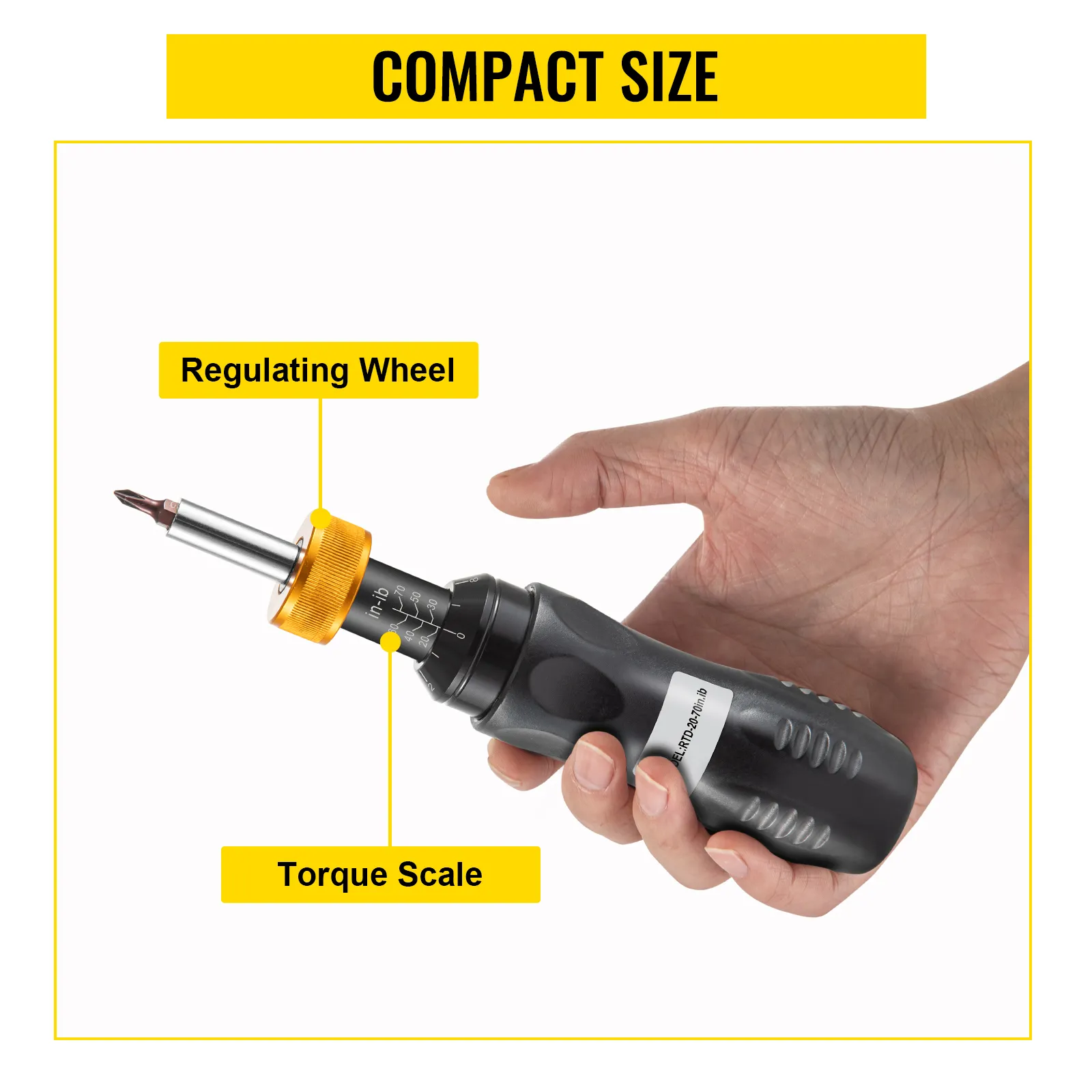 hand holding compact VEVOR torque screwdriver with regulating wheel and torque scale.