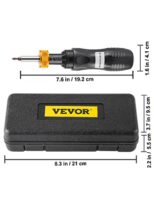 VEVOR torque screwdriver with case and dimensions labeled in inches and centimeters.