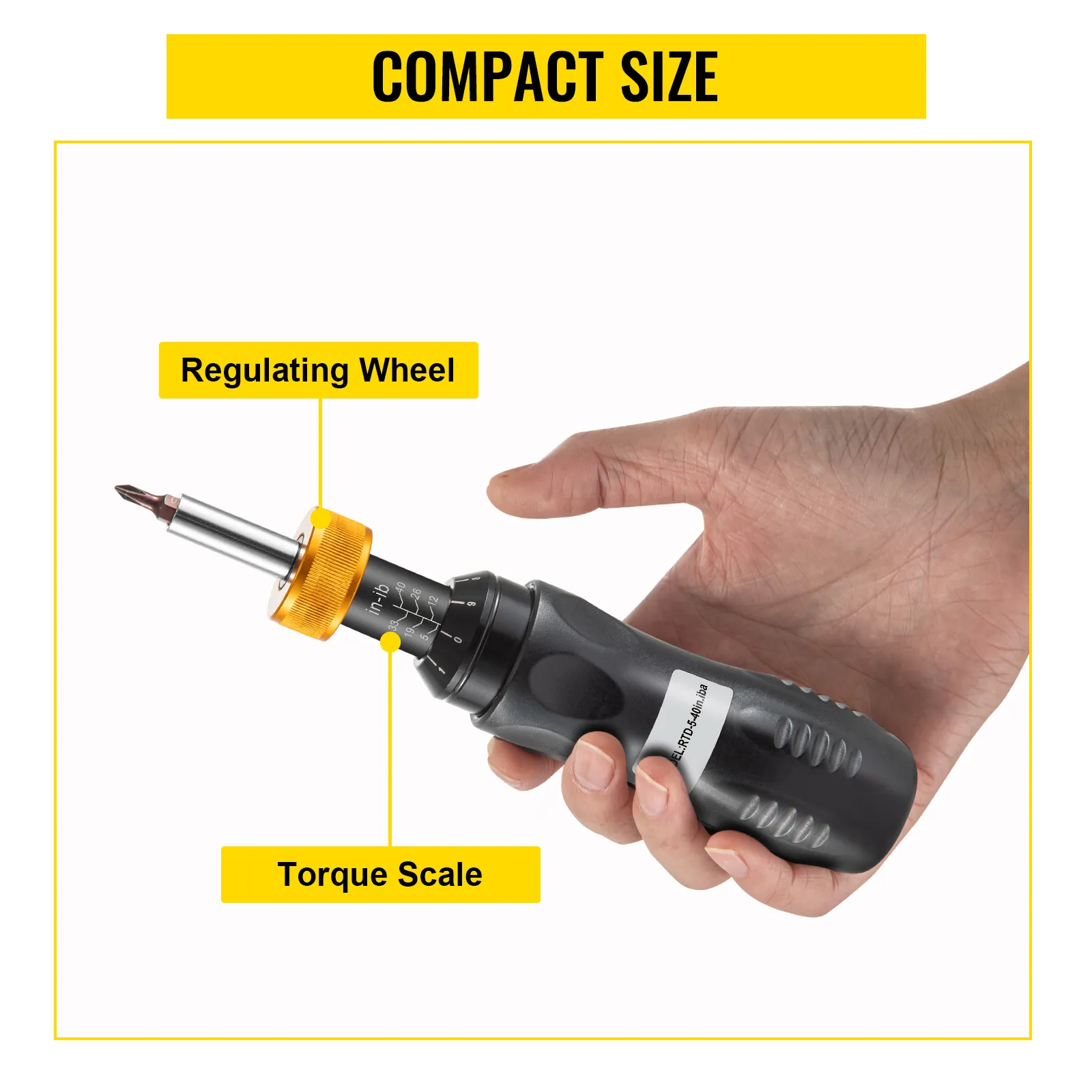 hand holding a VEVOR torque screwdriver with regulating wheel and torque scale.