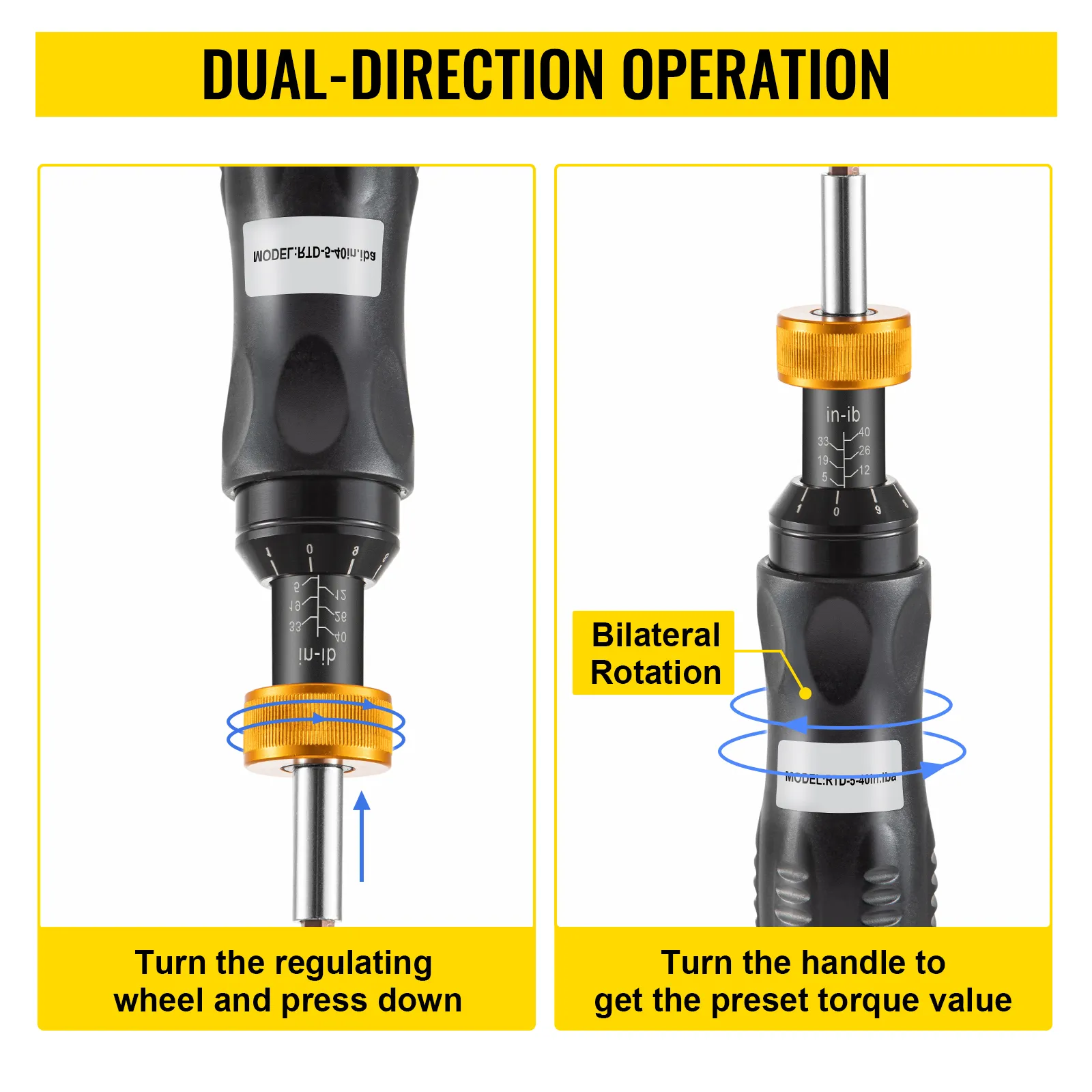VEVOR torque screwdriver with dual-direction operation and regulating wheel.