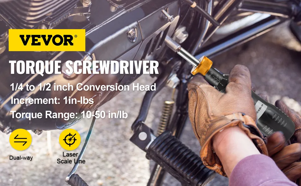VEVOR torque screwdriver being used to adjust a motorcycle part.