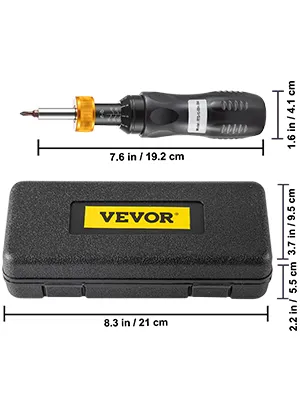 VEVOR torque screwdriver with storage case and dimension labels.