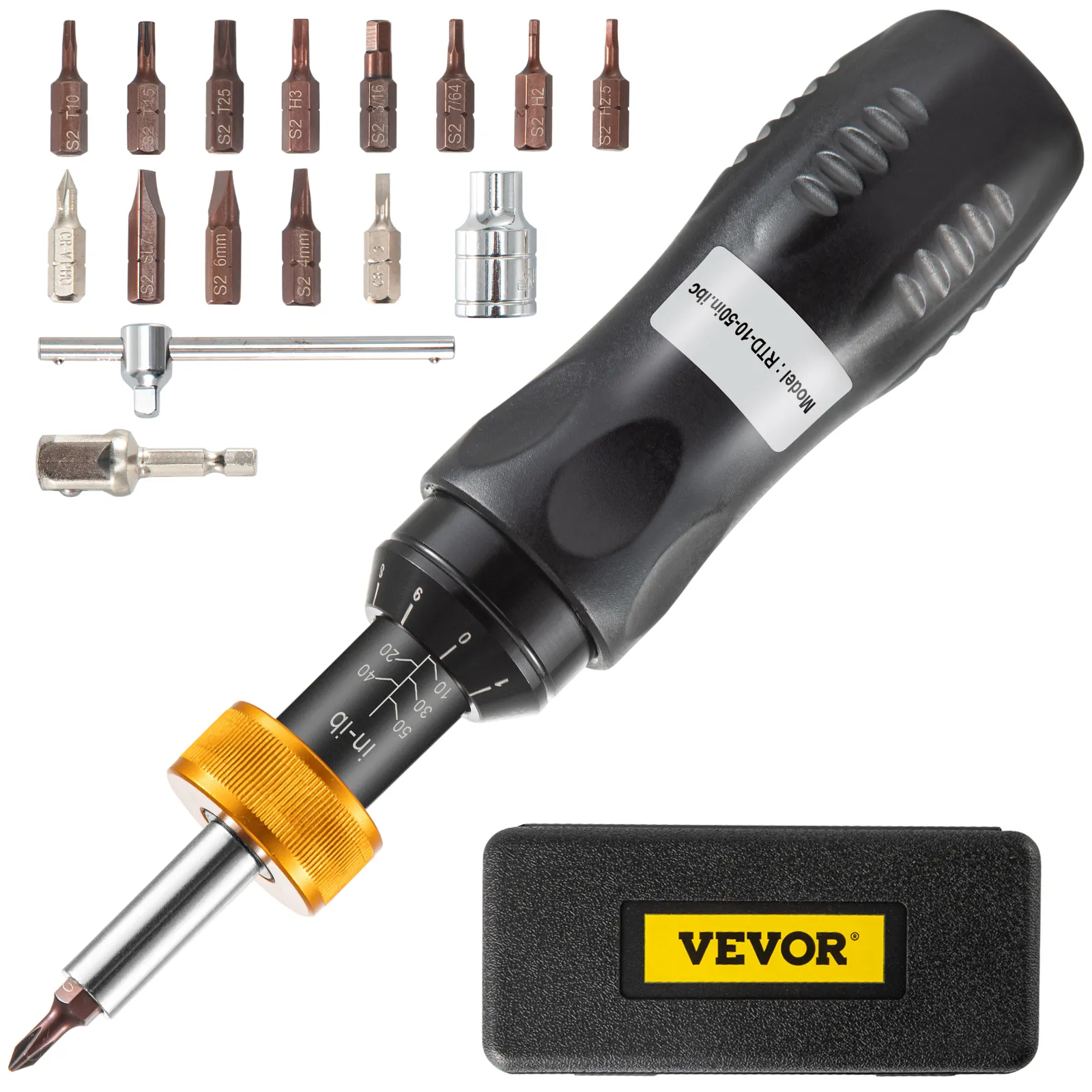 VEVOR torque screwdriver set with multiple bits, handle, and case.