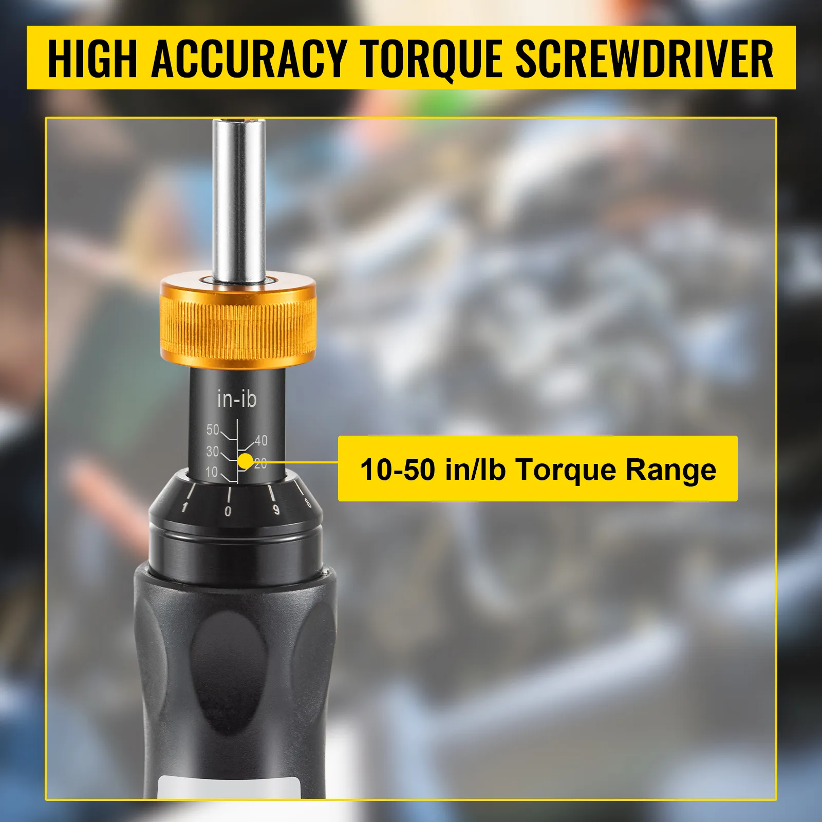 high accuracy VEVOR torque screwdriver with 10-50 in/lb range highlighted.