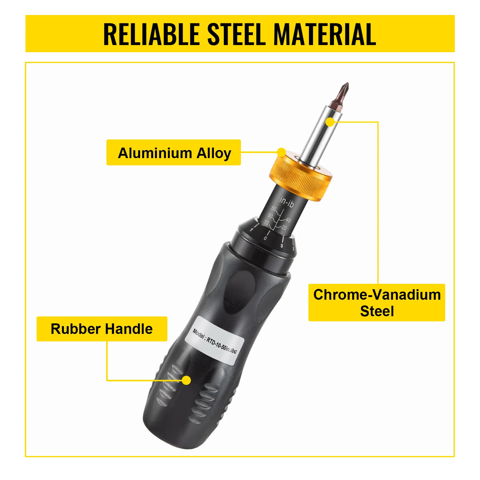 VEVOR torque screwdriver with rubber handle, chrome-vanadium steel, and aluminum alloy.