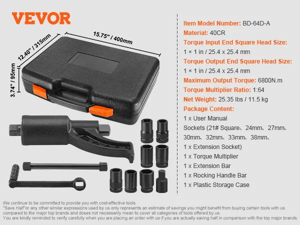 dimensions and contents of VEVOR torque multiplier bd-64d-a with carry case and nine sockets.