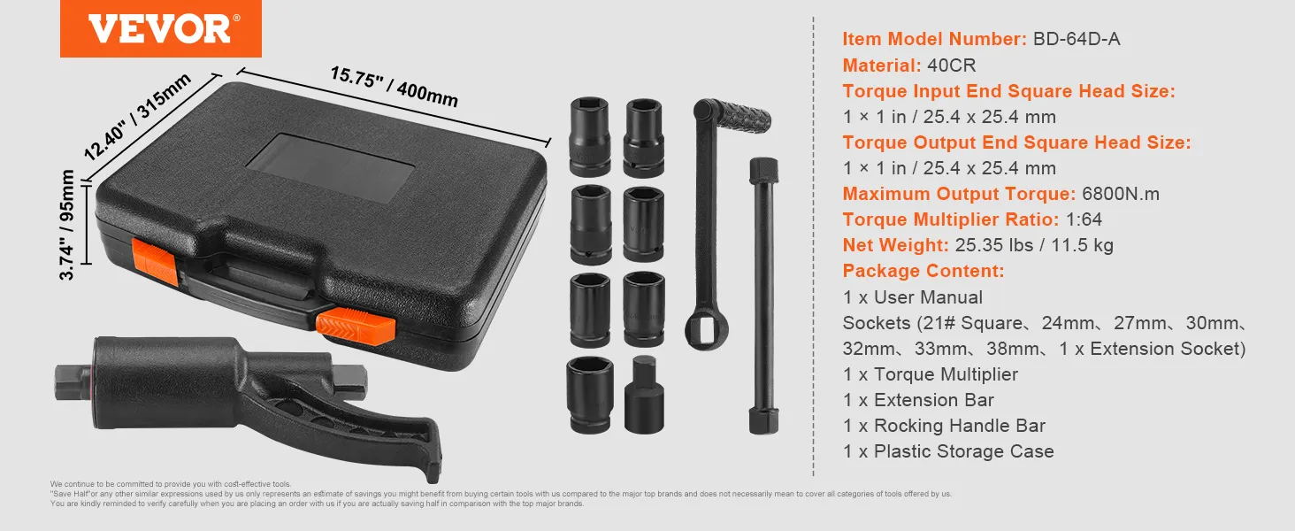 dimensions and contents of VEVOR torque multiplier bd-64d-a with carry case and nine sockets.