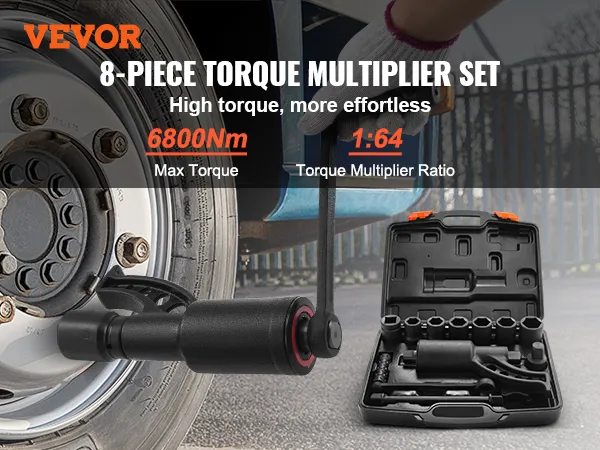 8-piece VEVOR torque multiplier set with 6800nm max torque and 1:64 ratio tool shown with carrying case.
