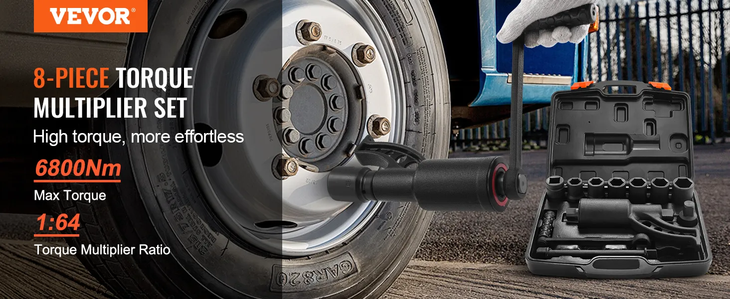 8-piece VEVOR torque multiplier set with 6800nm max torque and 1:64 ratio tool shown with carrying case.
