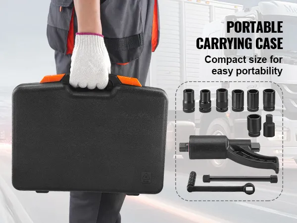 worker holding a black portable carrying case for the VEVOR torque multiplier with included sockets.